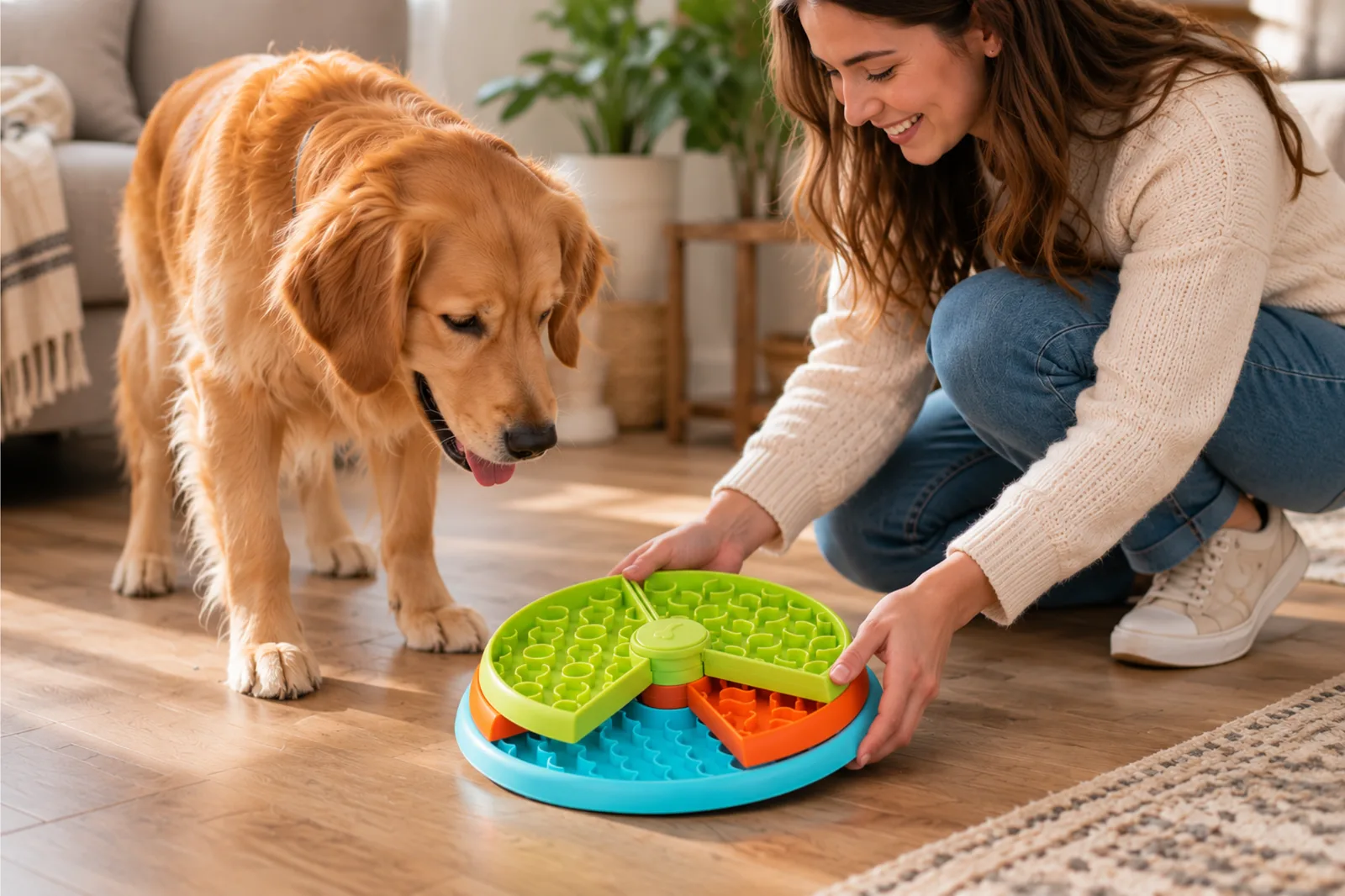 A happy dog being fed at home