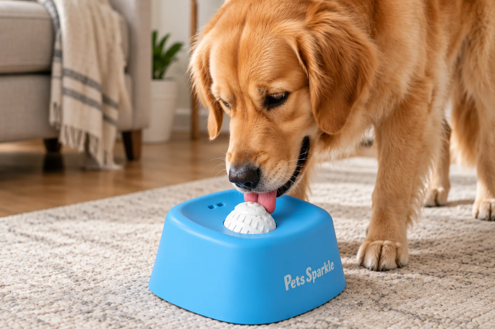 A happy dog eating calmly from a slow feeder bowl