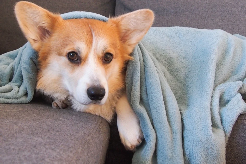 Corgi resting under a soft blanket on the sofa
