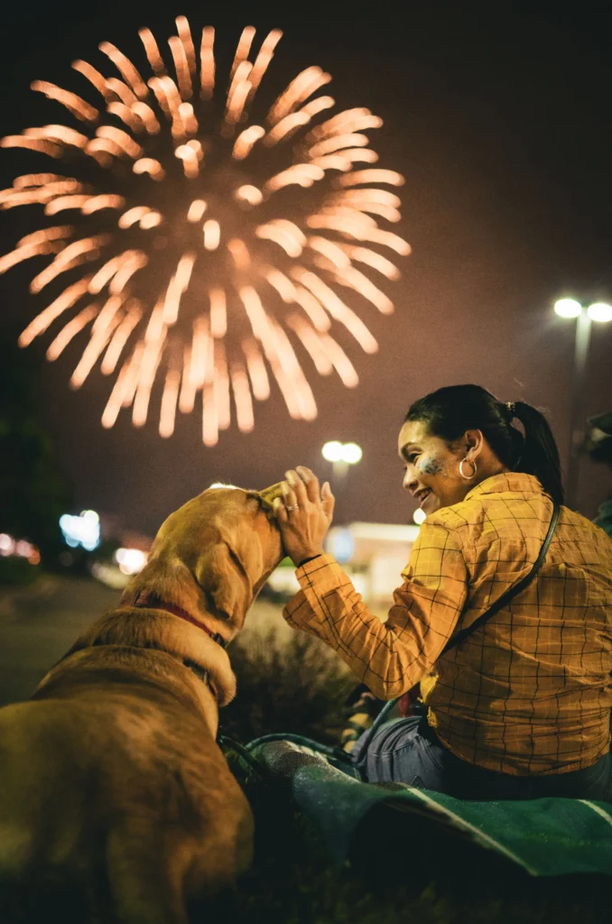 Woman comforting her dog outdoors at night while fireworks burst in the sky
