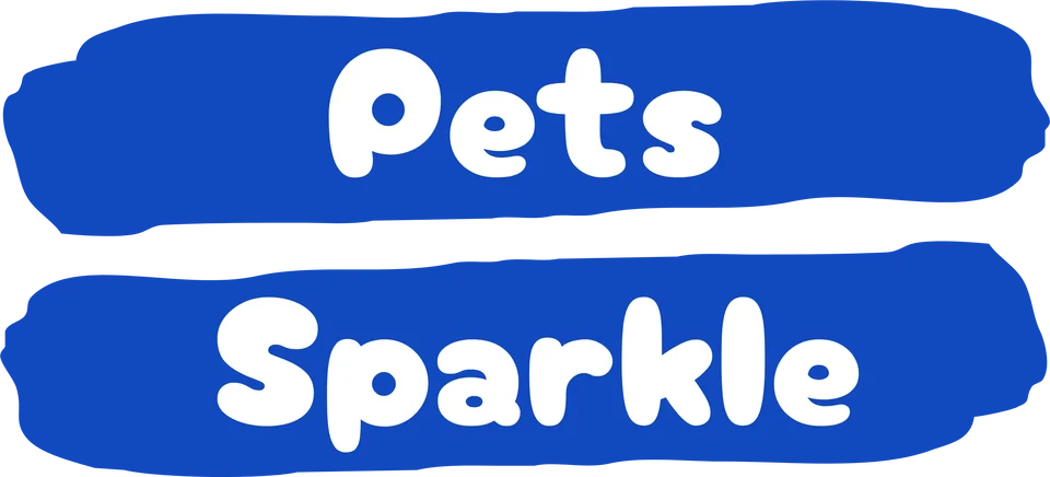 Pets Sparkle logo: the words Pets Sparkle in white lettering on two blue brush strokes