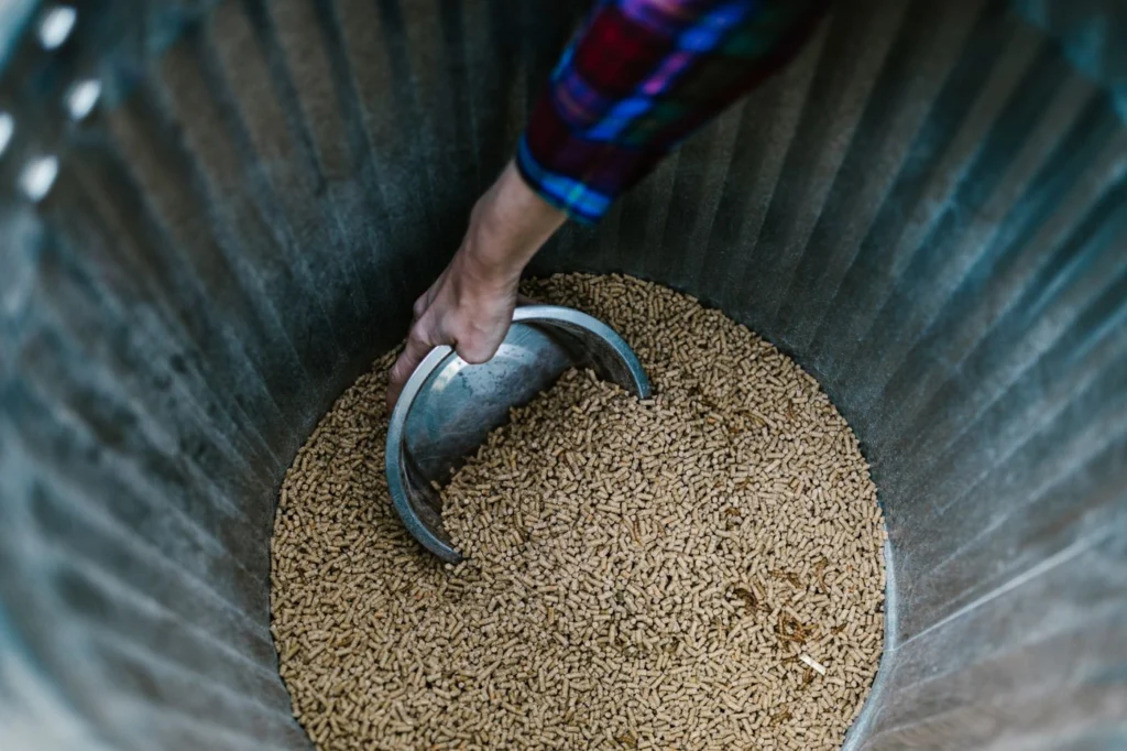 Hand using a metal scoop to measure dry pet food pellets from a bin